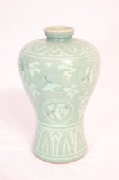 Vintage Korean Celadon Crackle Glaze Vase Depicting Crane And Detailed Design (B-34)