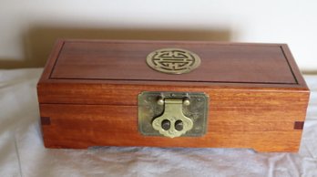 Vintage Asian Wooden Jewlery Box W/ Brass Trim (R-97)