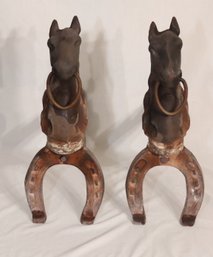 Antique Horse Head Horse Shoe Andirons (I-52)