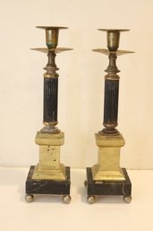 Vintage Pair Of Marble Base Brass Candle Holders Candlesticks  (G-2)