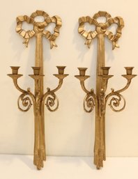 Pair Of Vintage Brass Wall Sconce 3 Candle Candelabras (G-4)