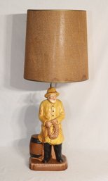 Vintage Nautical Fisherman Sea Captain Yellow Coat Rope Barrel Table Lamp W/ Shade
