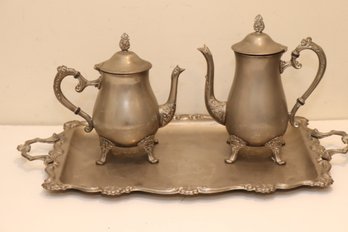 Vintage Silver Plated Brass Tea Coffee Pot Set On Tray (G-6)