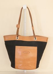 Tod's Tan Leather And Black Bucket Tote Handbag Purse (AH-4)