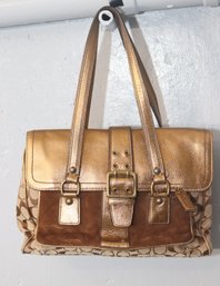 Coach Brown & Gold Handbag Suede Canvas Leather
