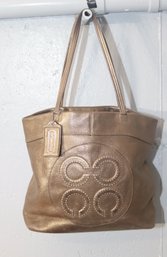 COACH Julia Op Art Metallic Gold Leather Large Tote Bag (H-28)