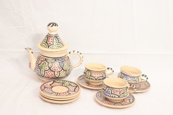 Moroccan Handmade Pottery Painted Set Teapot And Cups Saucers. (B-67)