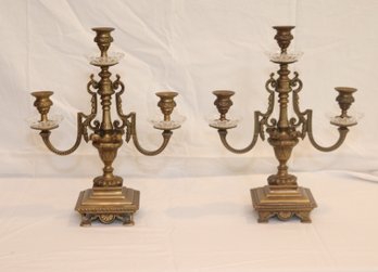 Vintage Pair Of Castilian 3 Candle Brass Candelabra Candlesticks  (J-1)