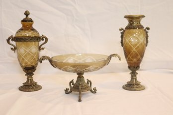 Sarreid Ltd. Decorative Glass Bowl, Vase And Urn Set On Brass Base (J-4)