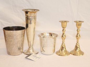 Brass Candlesticks And Some Silver Vases (J-22)