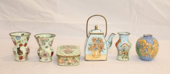 Miniature Painted Enamel VAses, Teapot, Trinket Box