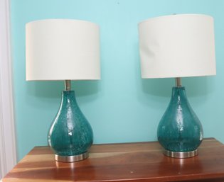Pair Of Green Glass Table Lamps With Shades (R-7)