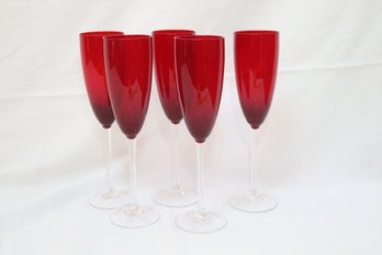 5 Red/ Clear Stem Champagne Flutes (L-26)