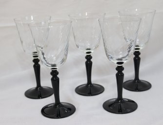 5 Vintage Collectible Luminarc France Black Stem Swirl Small Wine Glasses. (L-27)