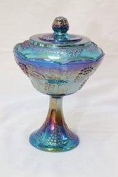 Indiana Glass Carnival Glass Pedestal Candy Dish With Lid Iridescent, Pattern Grape Harvest (L-30)