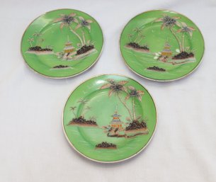 Set Of 3 MJ29 Green/Enameled Oriental Scene, Palm Trees By M JAPAN. (L-31)