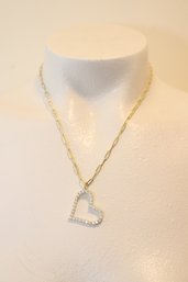 Sterling Silver 925 Rhinestone Heart Necklace On Gold Tone Link Chain (H-94)