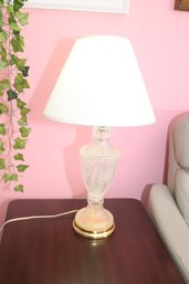 Pair Of Crystal Table Lamps On Brass Base W/ Shades (R-31)
