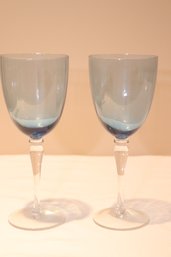 Pair Of Blue With Clear Stem Wine Glasses (C-10)