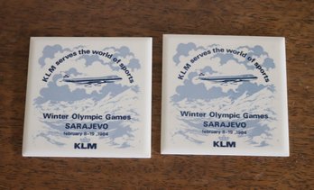 Pair Of KLM Winter Olympics Sarajevo 1984 Commemorative Delft Holland Tiles  (F-57)