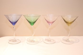 Set Of 4 Bent Stem Colored Martini Glasses (C-16)