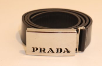 Prada Black Leather Belt With Chrome Buckle Size 30 (B-2)