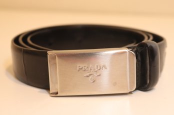Prada Black Leather Belt With Brushed Chrome Buckle Size 32 (B-3)