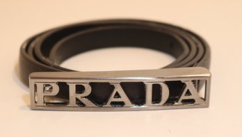 Prada Thin Black Leather Belt W/ Brushed Chrome PRADA Buckle Size 34 (B-4)