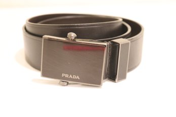 Prada Black Leather Belt With Black Chrome Buckle Size 32 (B-5)
