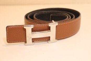 Reversible Black/ Brown Leather H Belt Chrome Buckle (B-7)