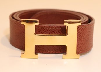 Brown Leather H Belt With Gold Tone Buckle (B-9)