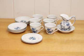 Vintage Royal Blue Ironstone Enoch Wedgwood Tea Cups & Saucers W/ Creamer