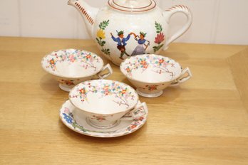 Vintage Tea Pot With Cups And Saucers