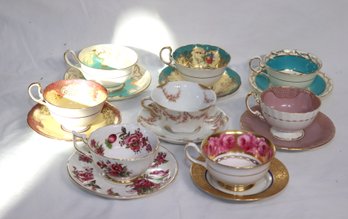 8 Assorted Vintage Bone China Teacups And Saucers Royal Chelsea, Aynsley, Made In England (G-69)