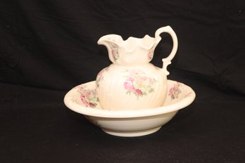 English Ironstone Floral Pitcher And Wash Basin. (J-79)