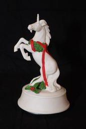 Vintage White Porcelain Unicorn Holiday Music Box By MANN (F-19)