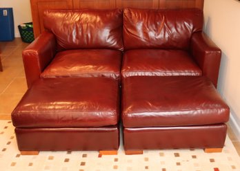 Crate & Barrel Leather Loveseat Sofa Bed With Ottomans (B-28)