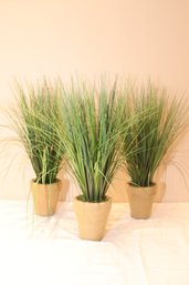 3 Fake Grass Plants In Burlap Pots