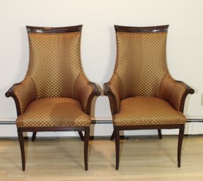 Pair Of Carved Mahogany Hollywood Regency Style Arm Chairs (B-3)