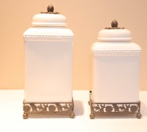 Pair Of White Canister Ceramic Containers On Brass Metal Stands