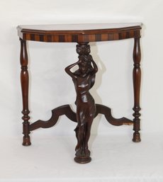 Vintage Carved Woman Leg Wooden Inlaid Half Moon Side Table