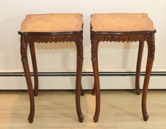 Vintage Pair Of Inlaid Wood Top Side Tables