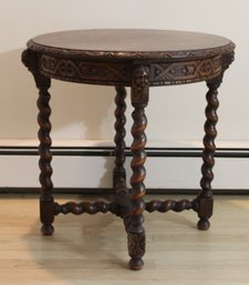 Antique French Round Side End Table Barley Twist Carved Oak