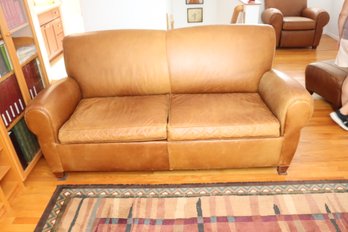 Pottery Barn Mitchel Gold Brown Leather Love Seat Couch Sofa Bed . (B-44)