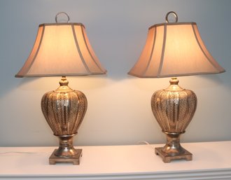 Pair Of Pierced Brass Uttermost Cupello Metal Table Lamps With Shades