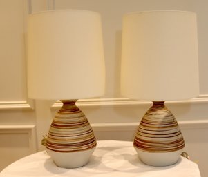 Pair Of Tanner Kenzie Stoneware Table Lamp With Stripes And Linen Shades (J-17)