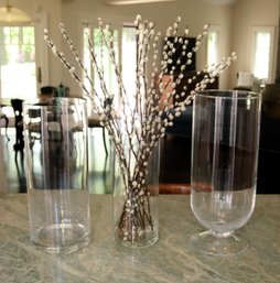 3 Tall Glass Vases And Some Pussy Willows