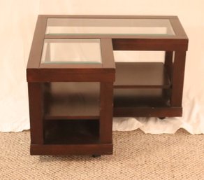 Wooden L-shaped Side End Table Glass Top