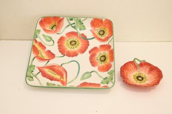 Clay Art Hand Painted Poppies Tray And Dip Bowl (T-18)