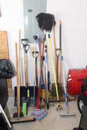 Assorted Garage Tools: Brooms, Shovels, Lightbulb Changer, Rake And More.... (O-43)